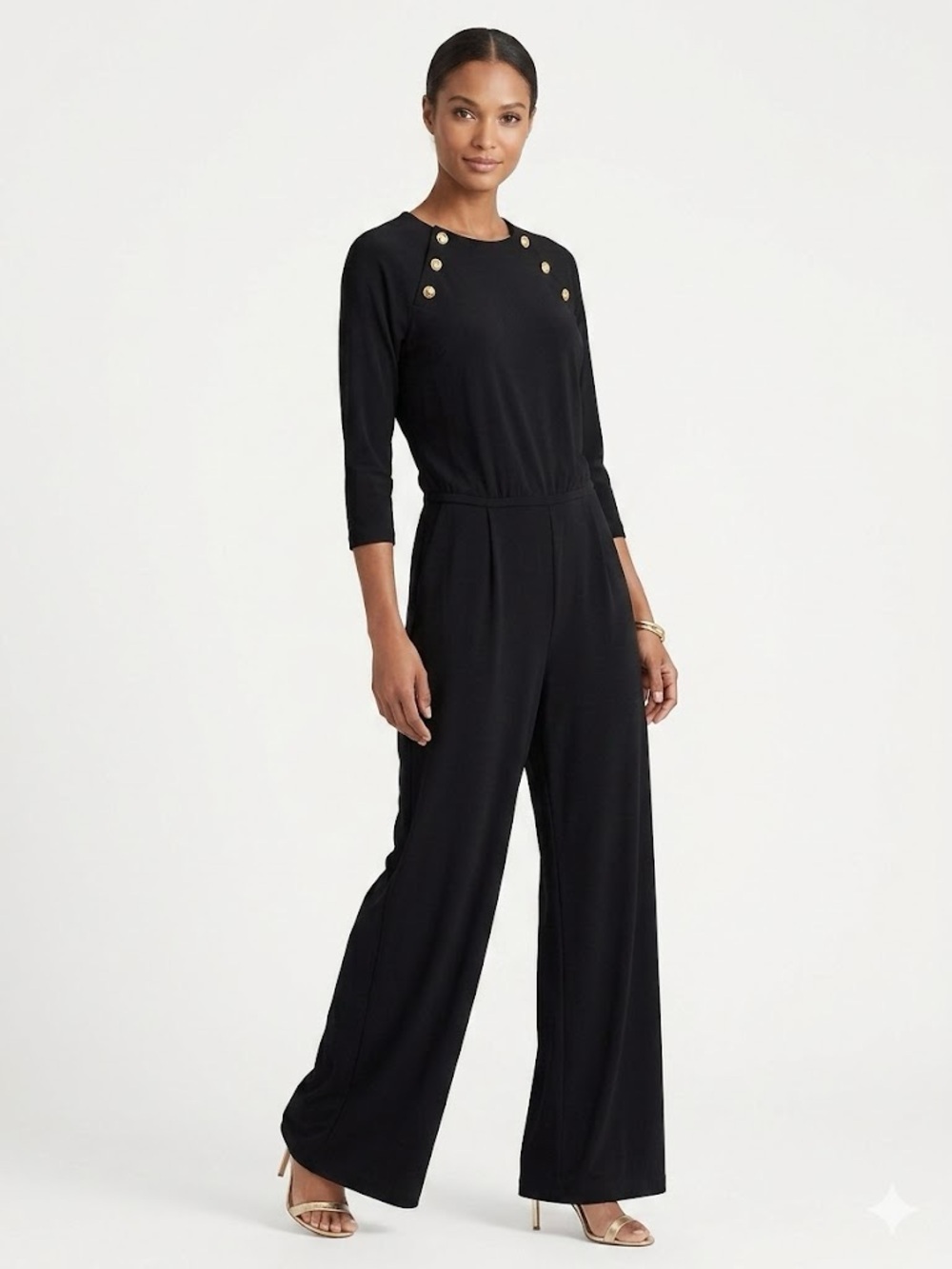 Ralph Lauren Wide Leg One Piece Black Jumpsuit Gold Buttons Size Medium